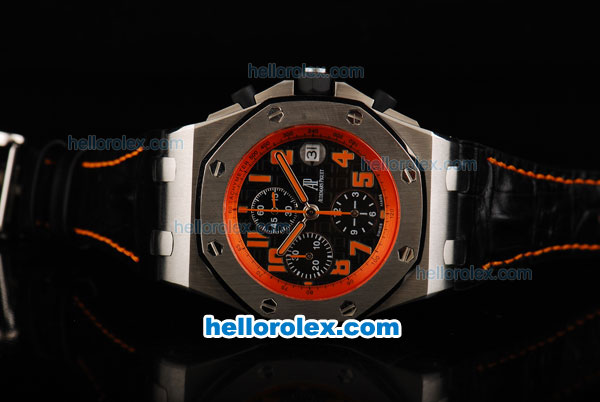 Audemars Piguet Royal Oak Chronograph Swiss Valjoux 7750 Automatic Movement Black Dial with Orange Number Markers and Black Leather Strap - Click Image to Close